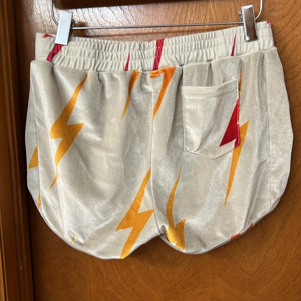 Aviator Nation Ivory Lightning Bolt Running Shorts with Red & Orange Accents - Picture 3 of 4